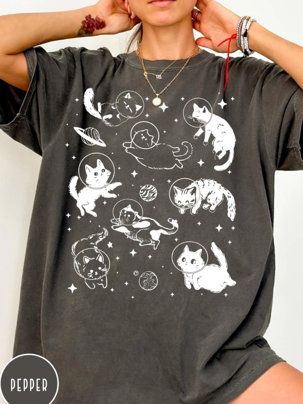 Comfort Colors Pepper Black Short Sleeve Tee with White Space Cats Graphic